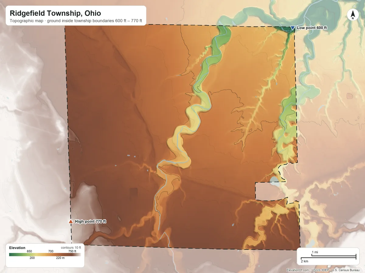 Topographic elevation map of Ridgefield Township, Ohio, shaded from 600 ft on the northeast side to 770 ft on the southwest side