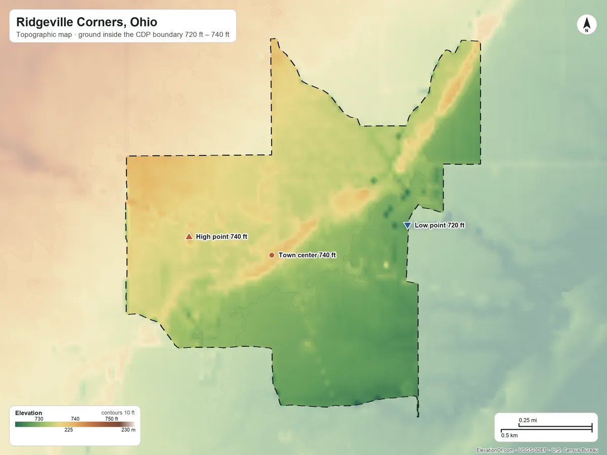Topographic elevation map of Ridgeville Corners, Ohio, shaded from 720 ft on the east side to 740 ft on the west side