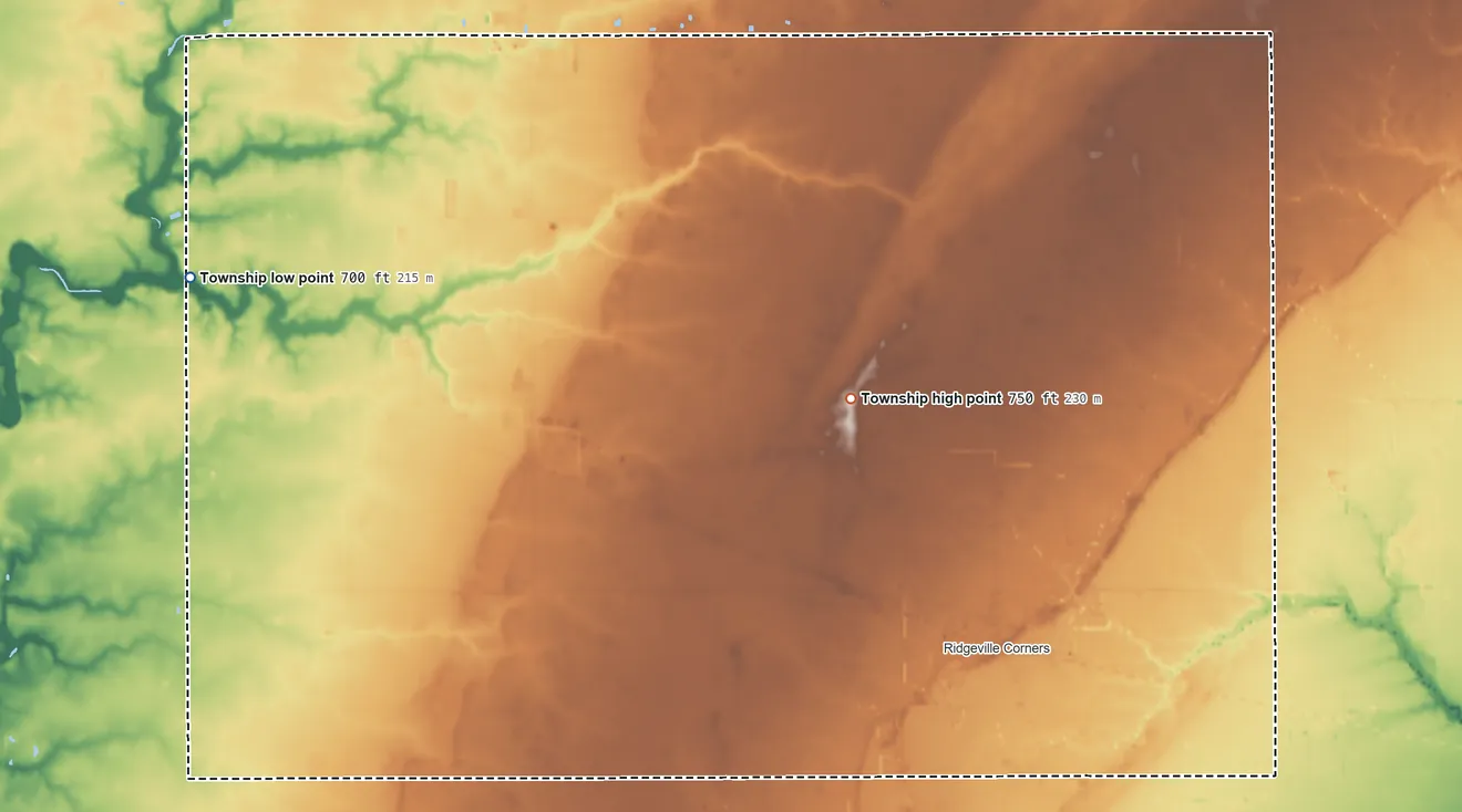 Topographic elevation map of Ridgeville Township, Ohio, shaded from 700 ft on the west side to 750 ft near the middle