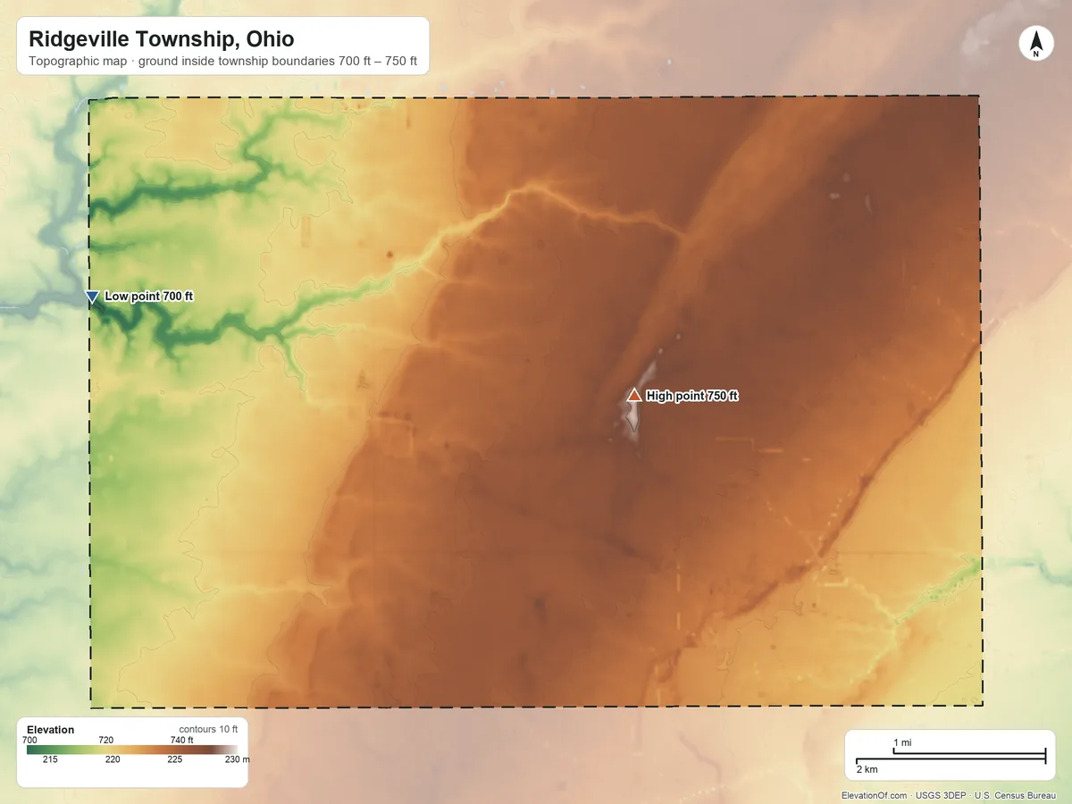 Topographic elevation map of Ridgeville Township, Ohio, shaded from 700 ft on the west side to 750 ft near the middle