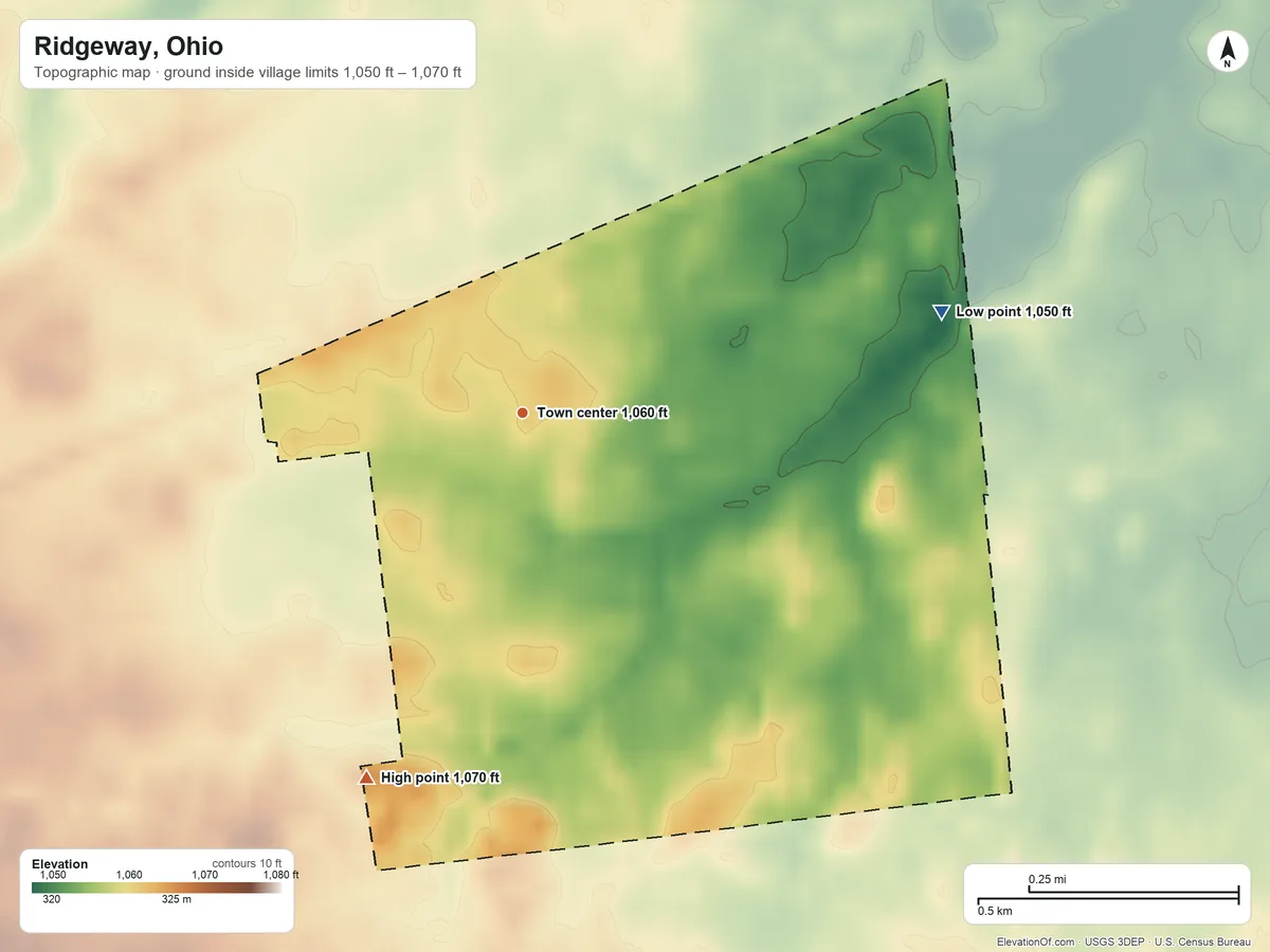 Topographic elevation map of Ridgeway, Ohio, shaded from 1,050 ft on the east side to 1,070 ft on the southwest side