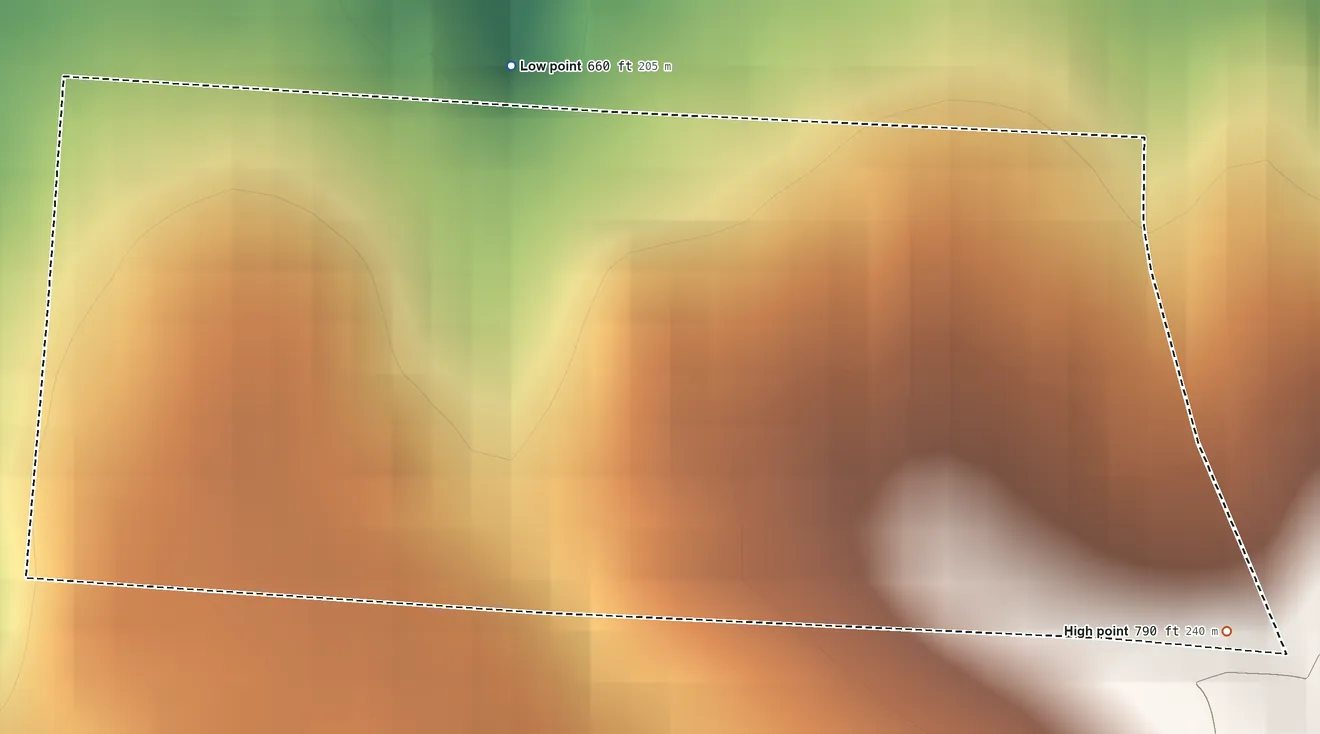 Topographic elevation map of Ridgewood, Ohio, shaded from 660 ft on the northwest side to 790 ft on the southeast side
