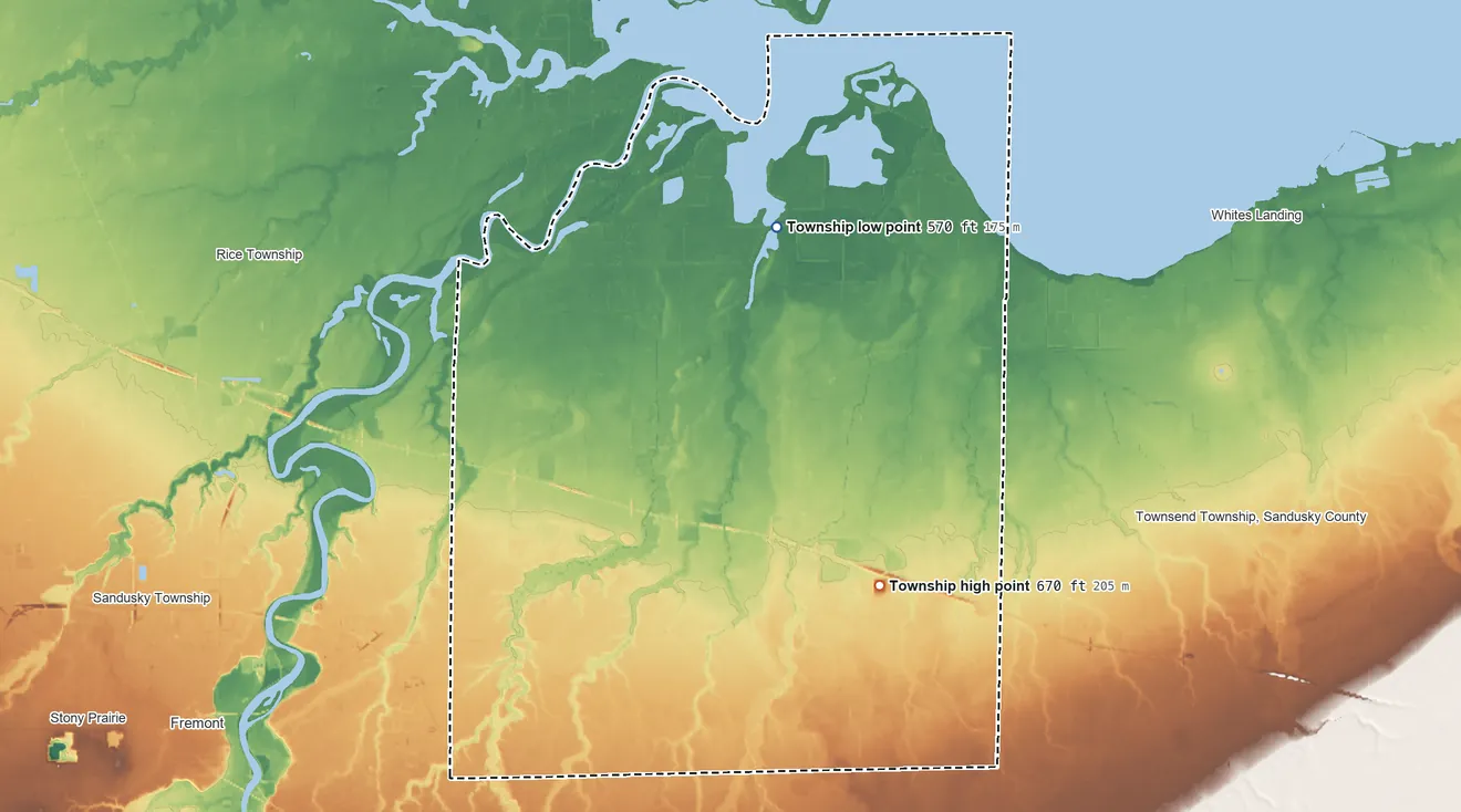 Topographic elevation map of Riley Township, Sandusky County, Ohio, shaded from 570 ft on the north side to 670 ft on the east side