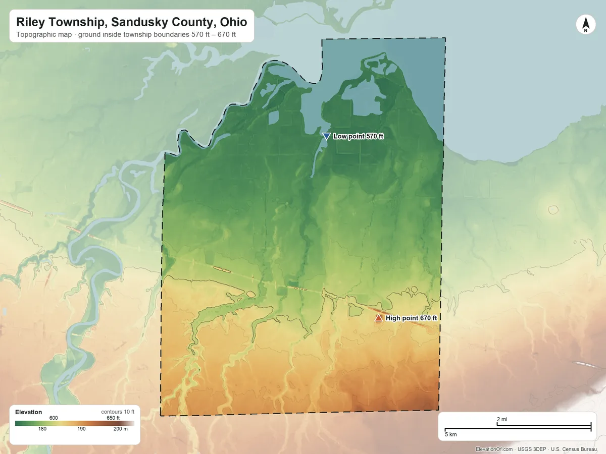 Topographic elevation map of Riley Township, Sandusky County, Ohio, shaded from 570 ft on the north side to 670 ft on the east side
