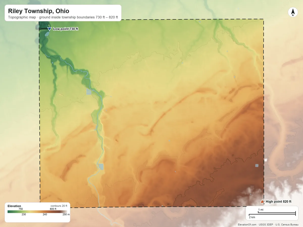 Topographic elevation map of Riley Township, Ohio, shaded from 730 ft on the northwest side to 820 ft on the southeast side