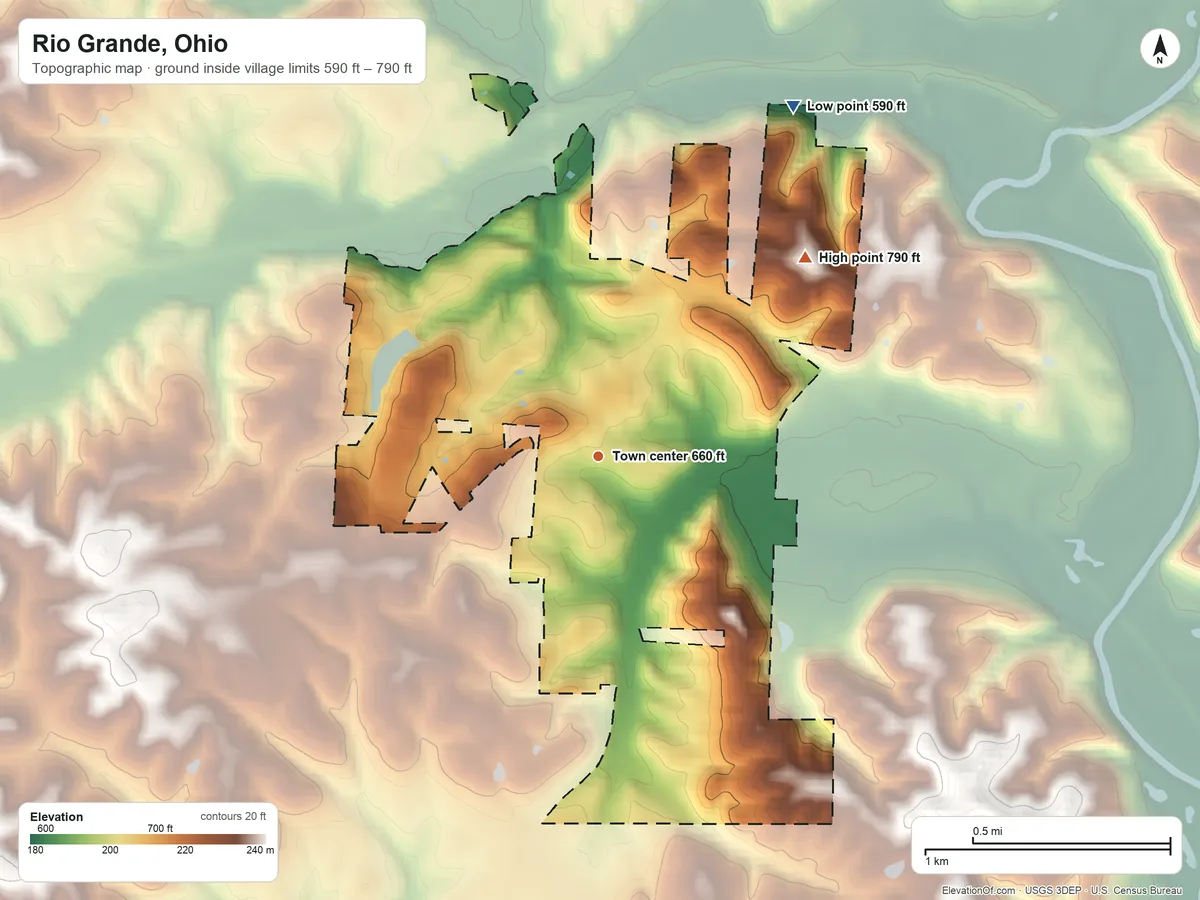 Topographic elevation map of Rio Grande, Ohio, shaded from 590 ft on the northeast side to 790 ft on the northeast side