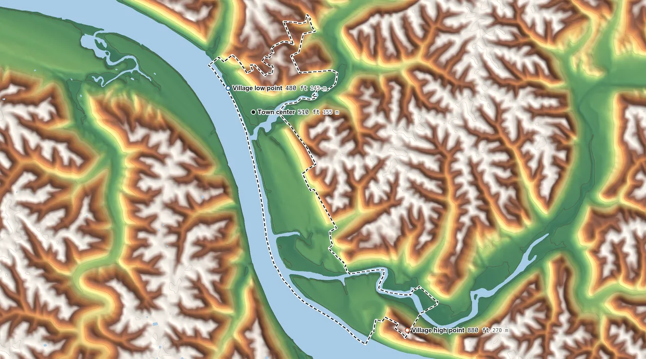 Topographic elevation map of Ripley, Ohio, shaded from 480 ft near the middle to 880 ft on Cedar Hill