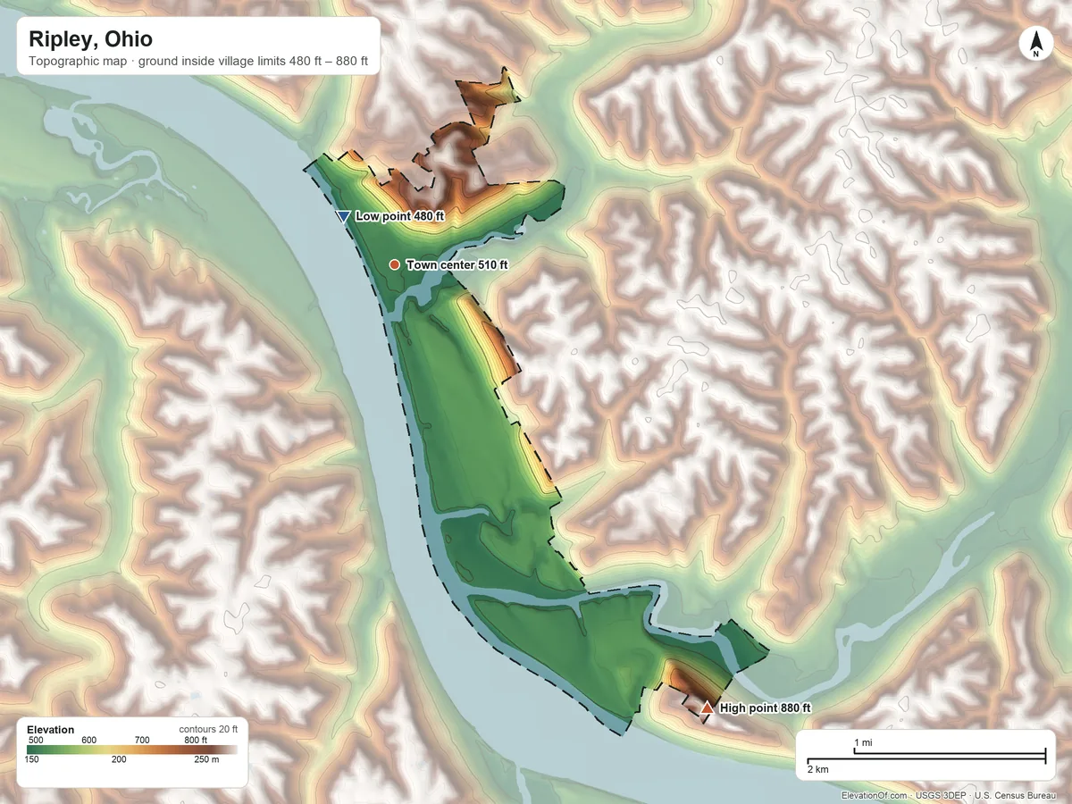 Topographic elevation map of Ripley, Ohio, shaded from 480 ft near the middle to 880 ft on Cedar Hill