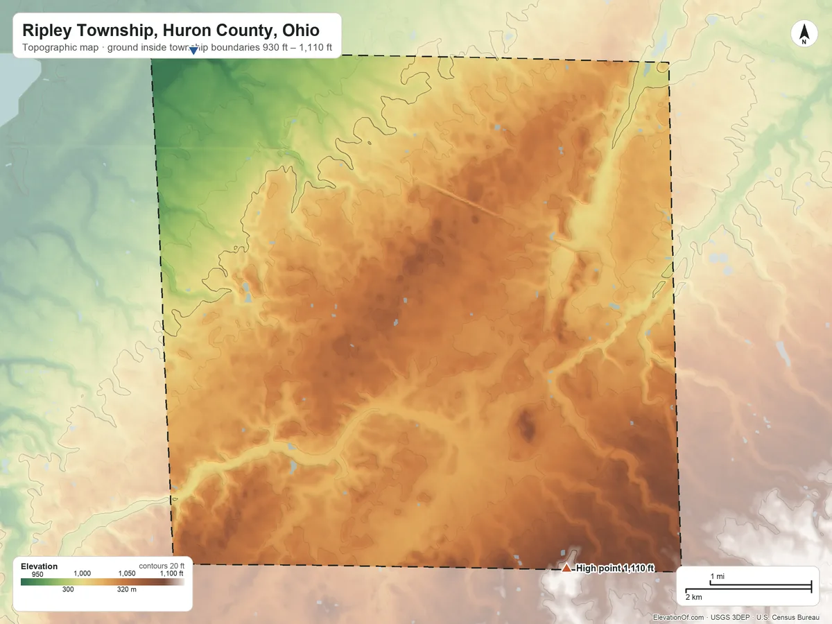 Topographic elevation map of Ripley Township, Huron County, Ohio, shaded from 930 ft on the northwest side to 1,110 ft on the southeast side