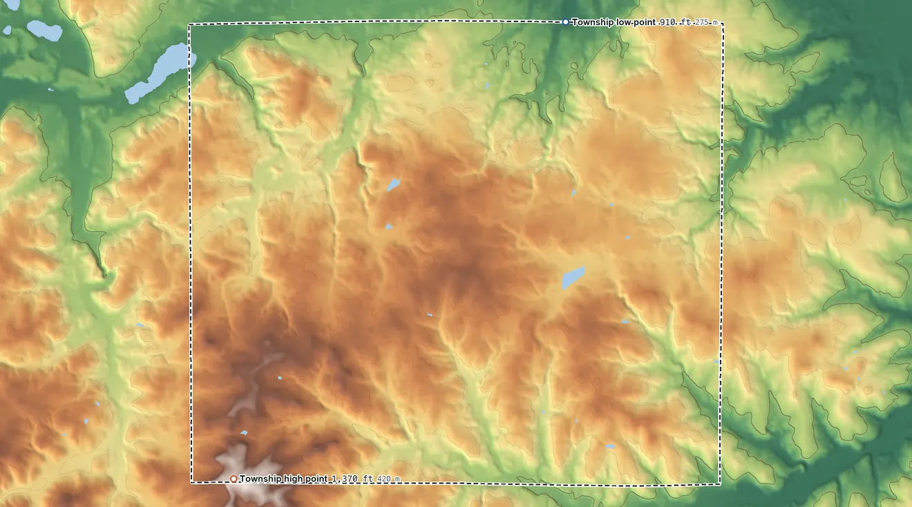 Topographic elevation map of Ripley Township, Ohio, shaded from 910 ft on the northeast side to 1,370 ft on the southwest side