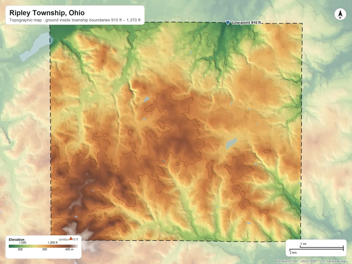 Topographic elevation map of Ripley Township, Ohio, shaded from 910 ft on the northeast side to 1,370 ft on the southwest side