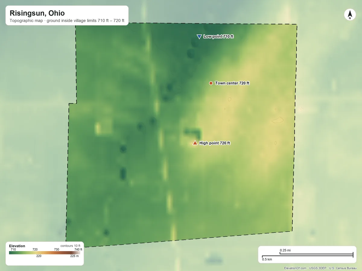 Topographic elevation map of Risingsun, Ohio, shaded from 710 ft on the north side to 720 ft on the south side