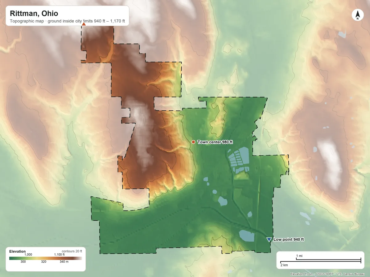 Topographic elevation map of Rittman, Ohio, shaded from 940 ft on the southeast side to 1,170 ft on the northwest side