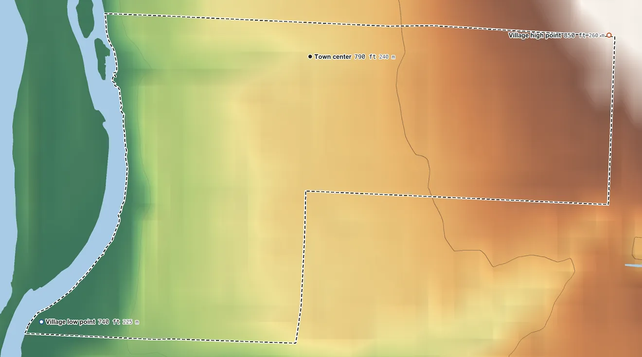 Topographic elevation map of Riverlea, Ohio, shaded from 740 ft on the southwest side to 850 ft on the east side