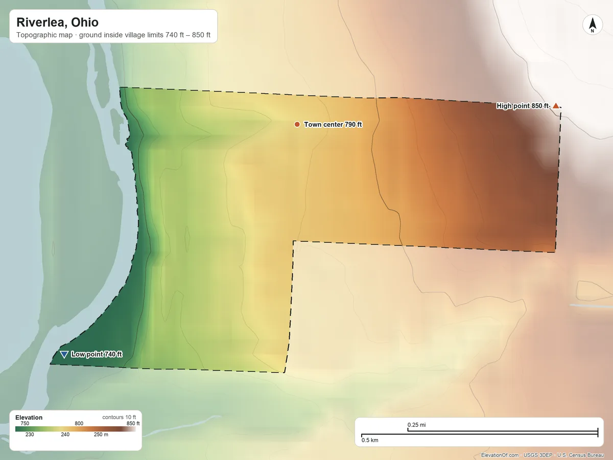 Topographic elevation map of Riverlea, Ohio, shaded from 740 ft on the southwest side to 850 ft on the east side