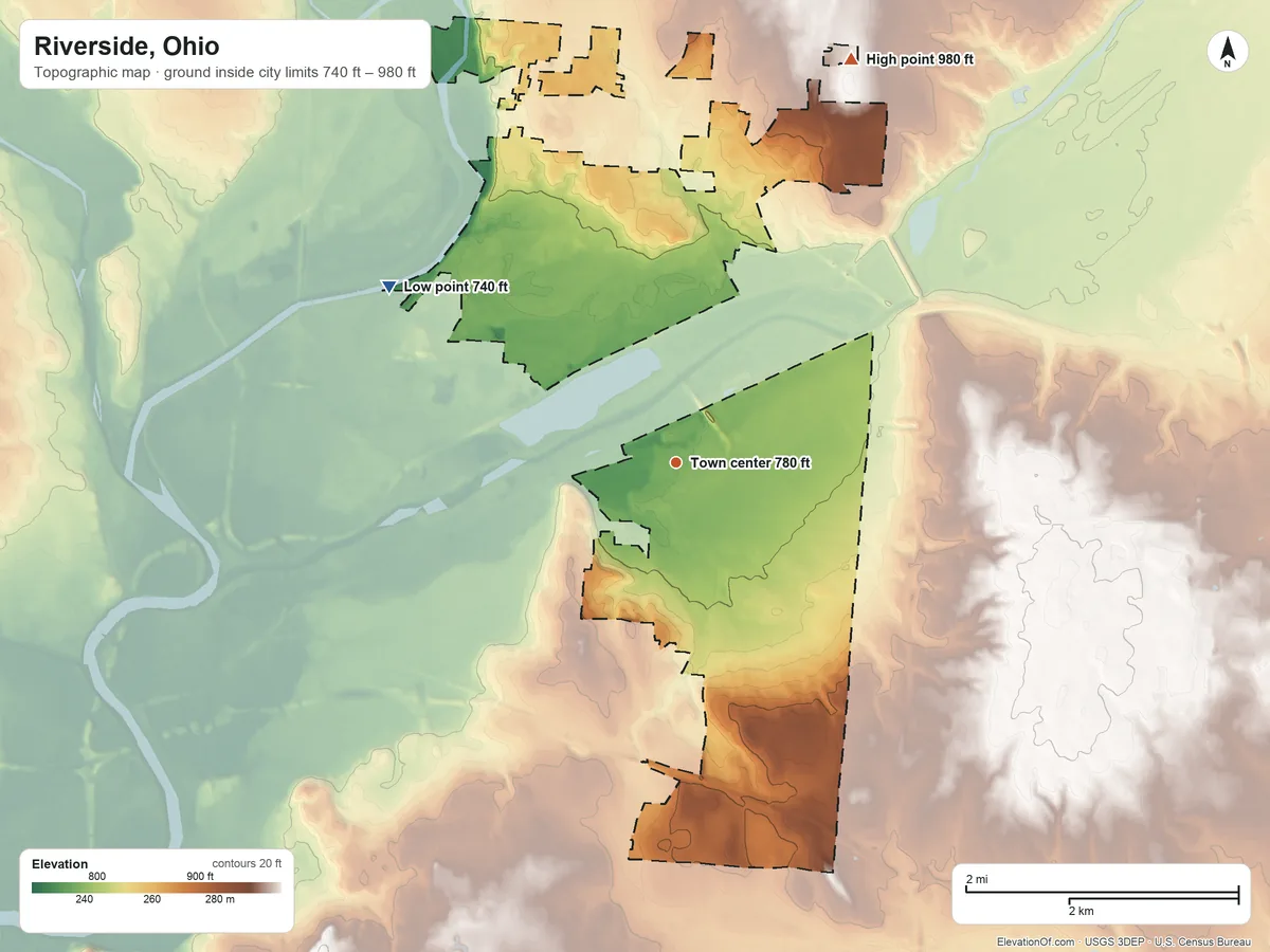 Topographic elevation map of Riverside, Ohio, shaded from 740 ft on the northwest side to 980 ft on the northeast side