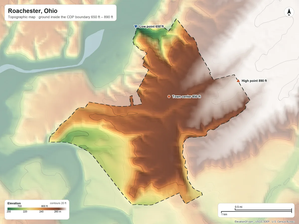 Topographic elevation map of Roachester, Ohio, shaded from 650 ft on the northwest side to 890 ft on the east side
