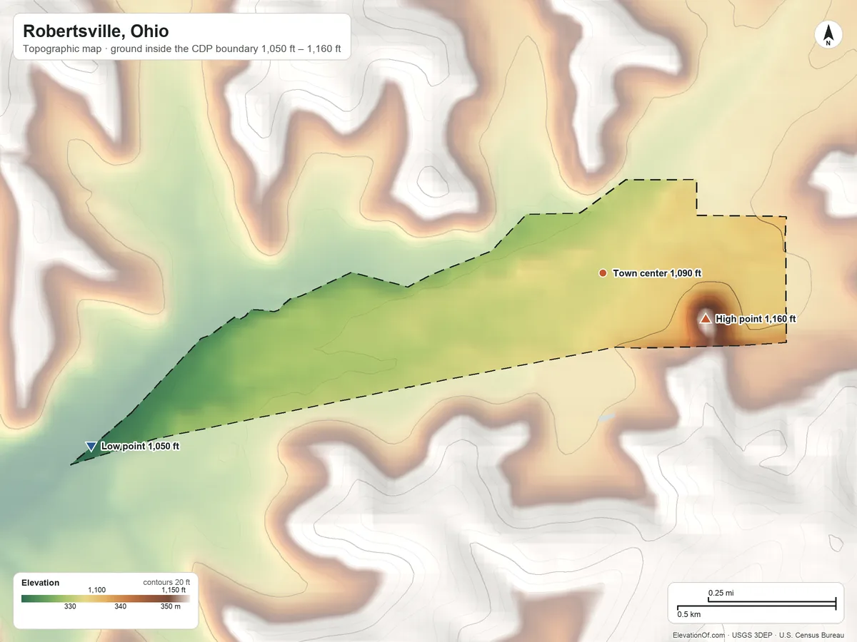 Topographic elevation map of Robertsville, Ohio, shaded from 1,050 ft on the west side to 1,160 ft on the southeast side