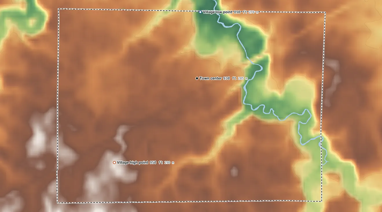 Topographic elevation map of Rochester, Ohio, shaded from 890 ft on the north side to 950 ft on the southwest side