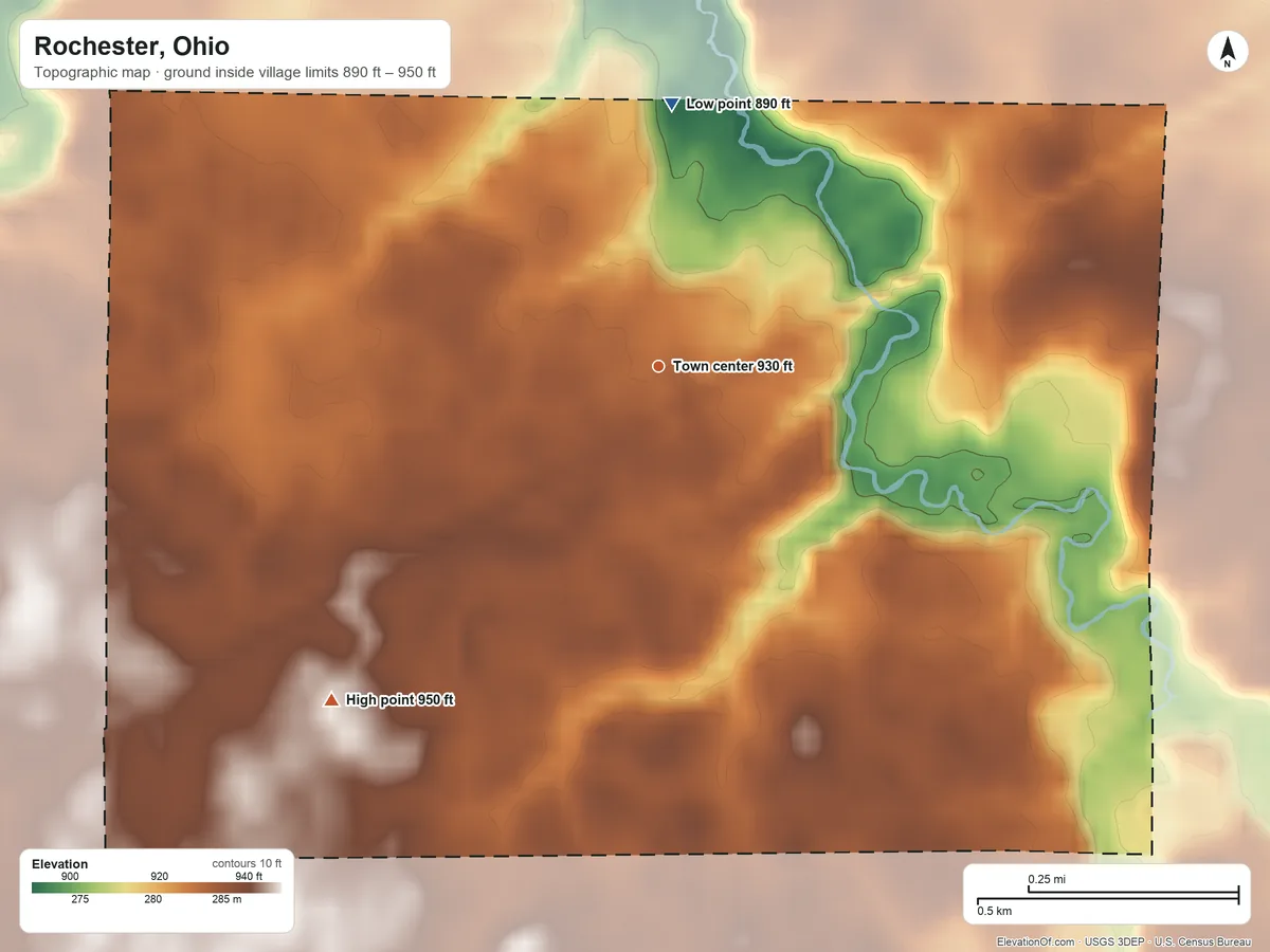 Topographic elevation map of Rochester, Ohio, shaded from 890 ft on the north side to 950 ft on the southwest side