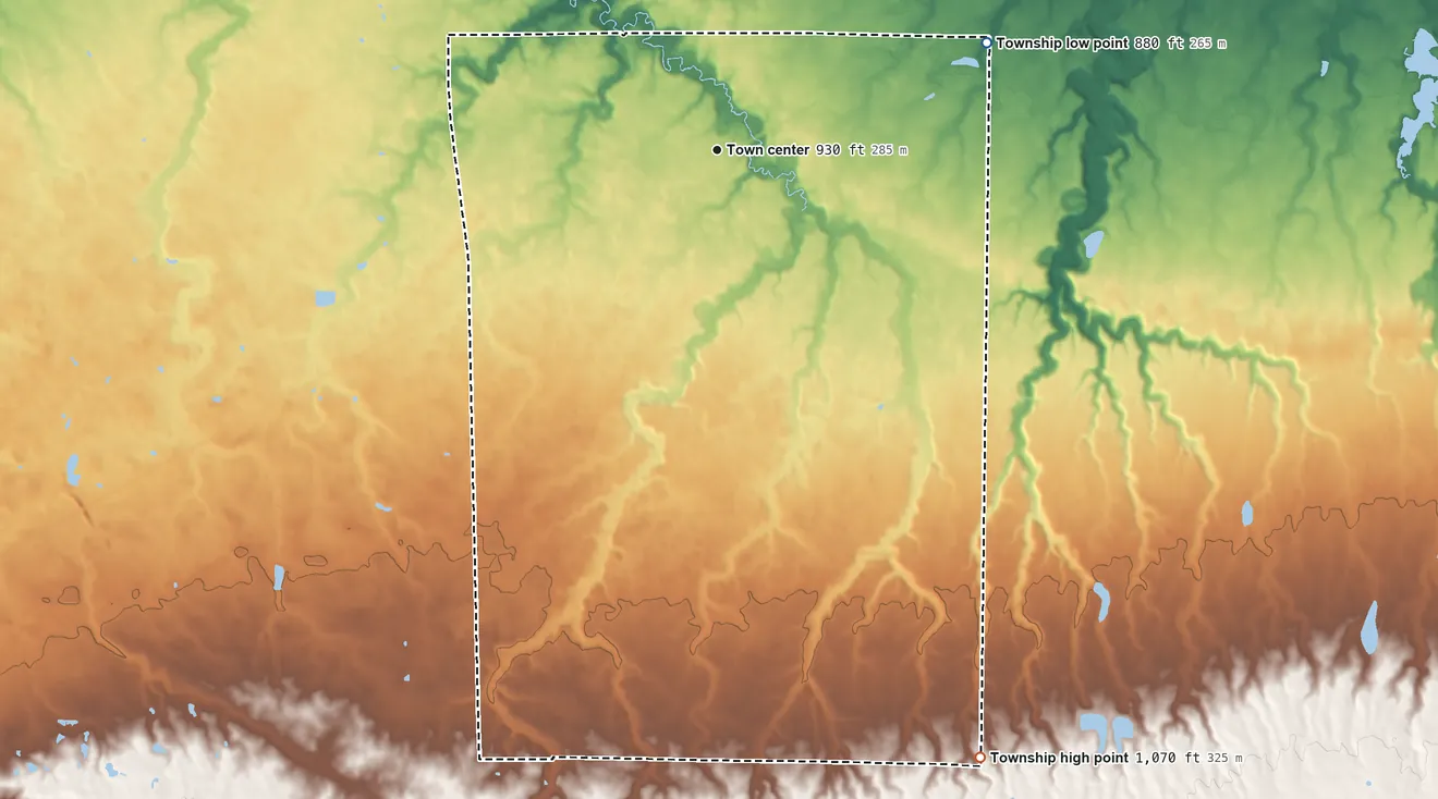 Topographic elevation map of Rochester Township, Ohio, shaded from 880 ft on the east side to 1,070 ft on the southeast side