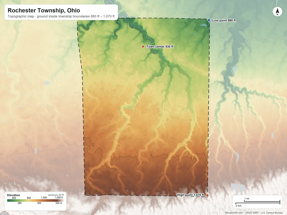 Topographic elevation map of Rochester Township, Ohio, shaded from 880 ft on the east side to 1,070 ft on the southeast side