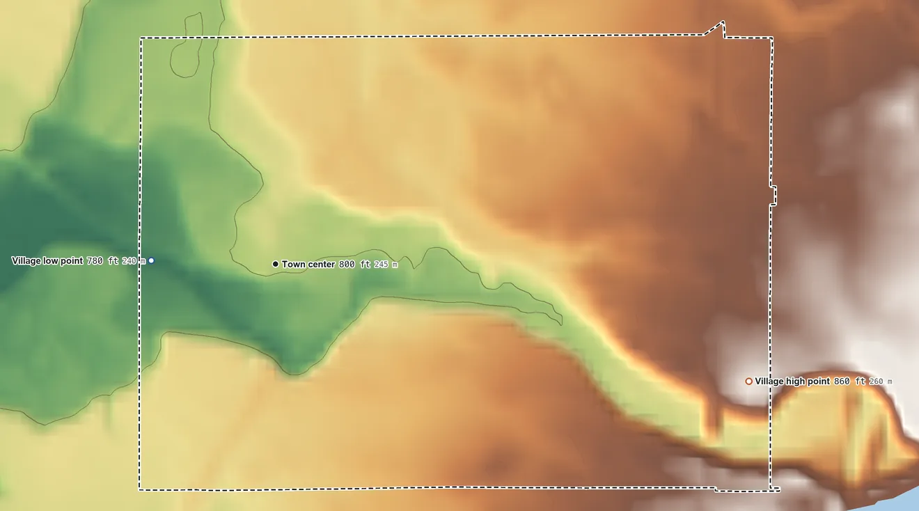 Topographic elevation map of Rock Creek, Ohio, shaded from 780 ft on the west side to 860 ft on the east side