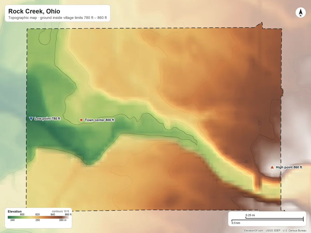 Topographic elevation map of Rock Creek, Ohio, shaded from 780 ft on the west side to 860 ft on the east side