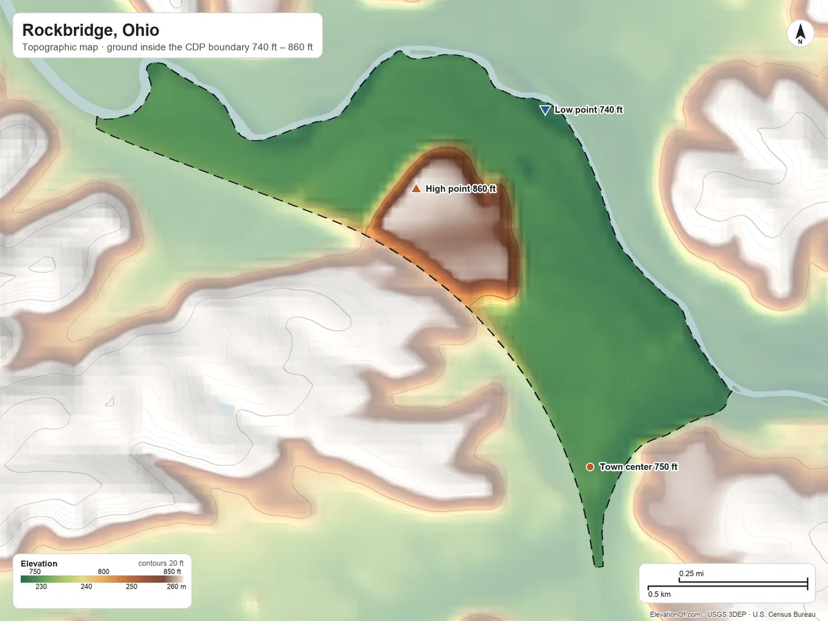 Topographic elevation map of Rockbridge, Ohio, shaded from 740 ft on the north side to 860 ft on the northwest side
