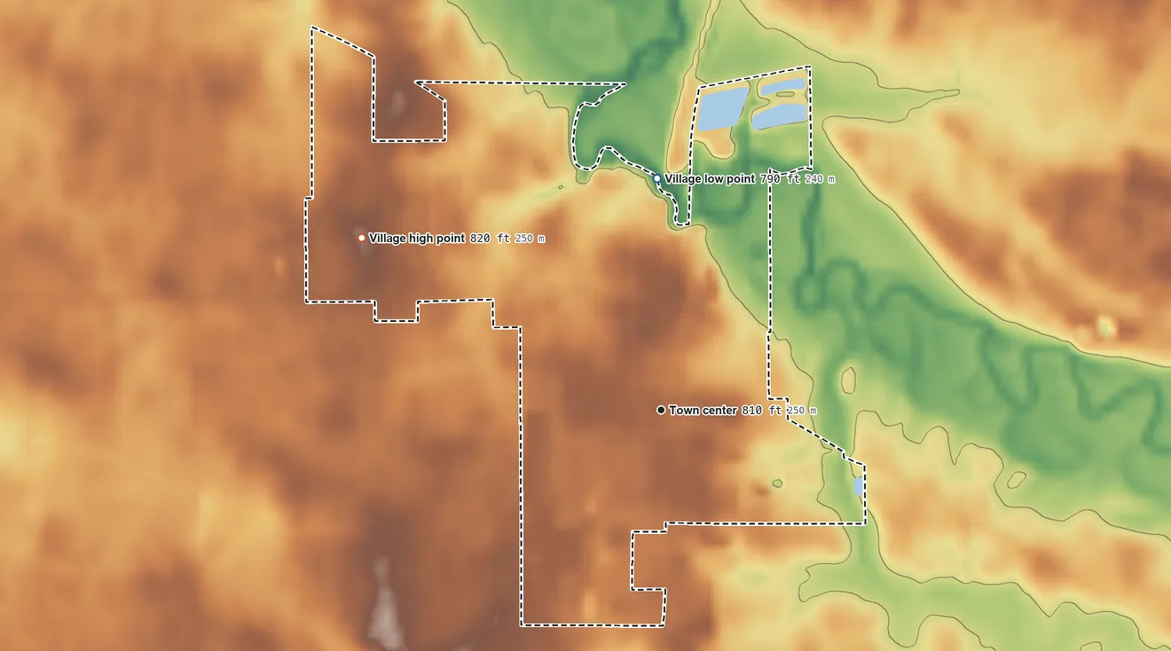 Topographic elevation map of Rockford, Ohio, shaded from 790 ft on the north side to 820 ft on the northwest side