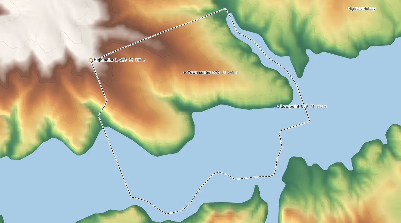 Topographic elevation map of Rocky Fork Point, Ohio, shaded from 880 ft on the east side to 1,020 ft on the west side