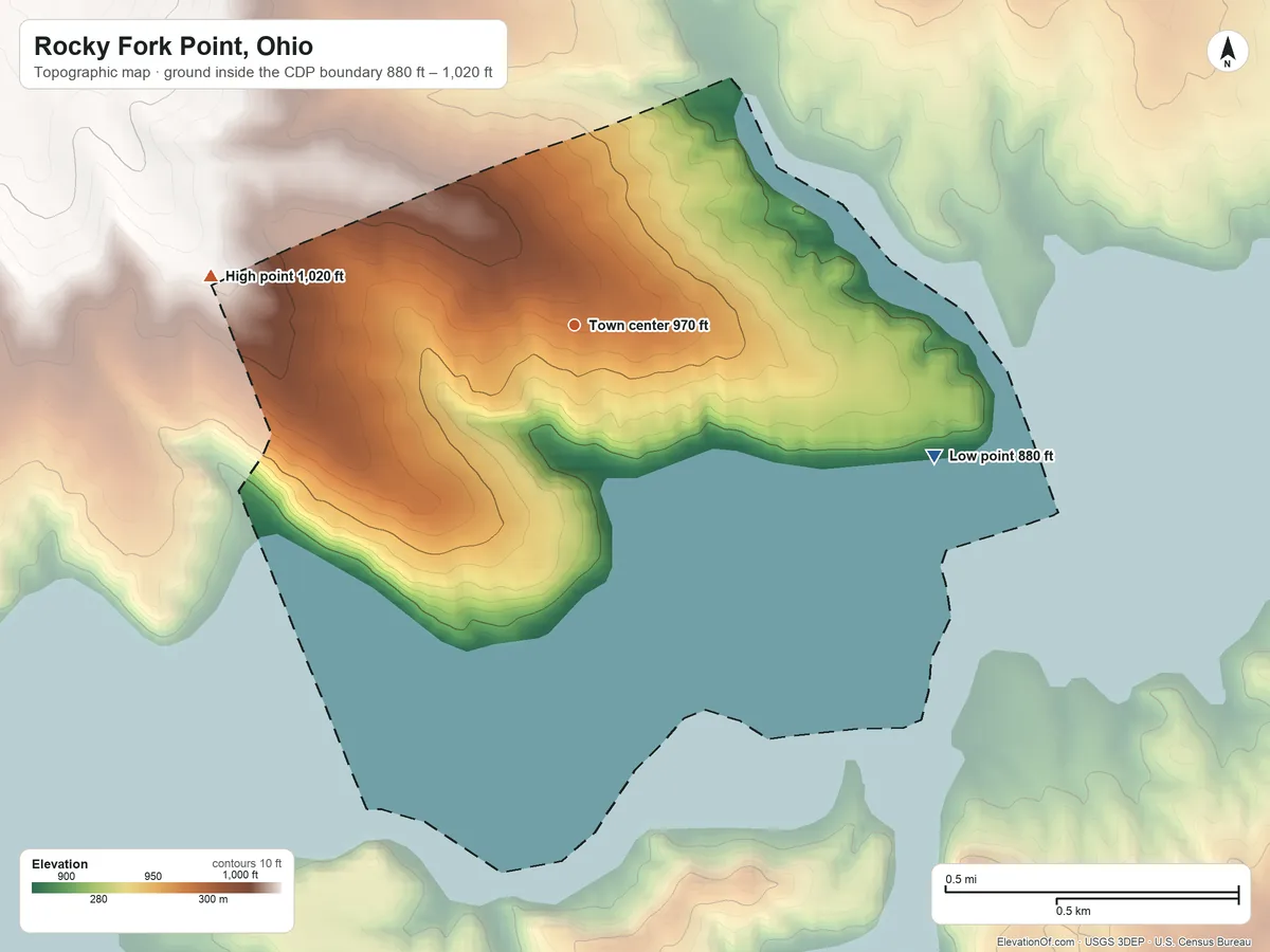 Topographic elevation map of Rocky Fork Point, Ohio, shaded from 880 ft on the east side to 1,020 ft on the west side