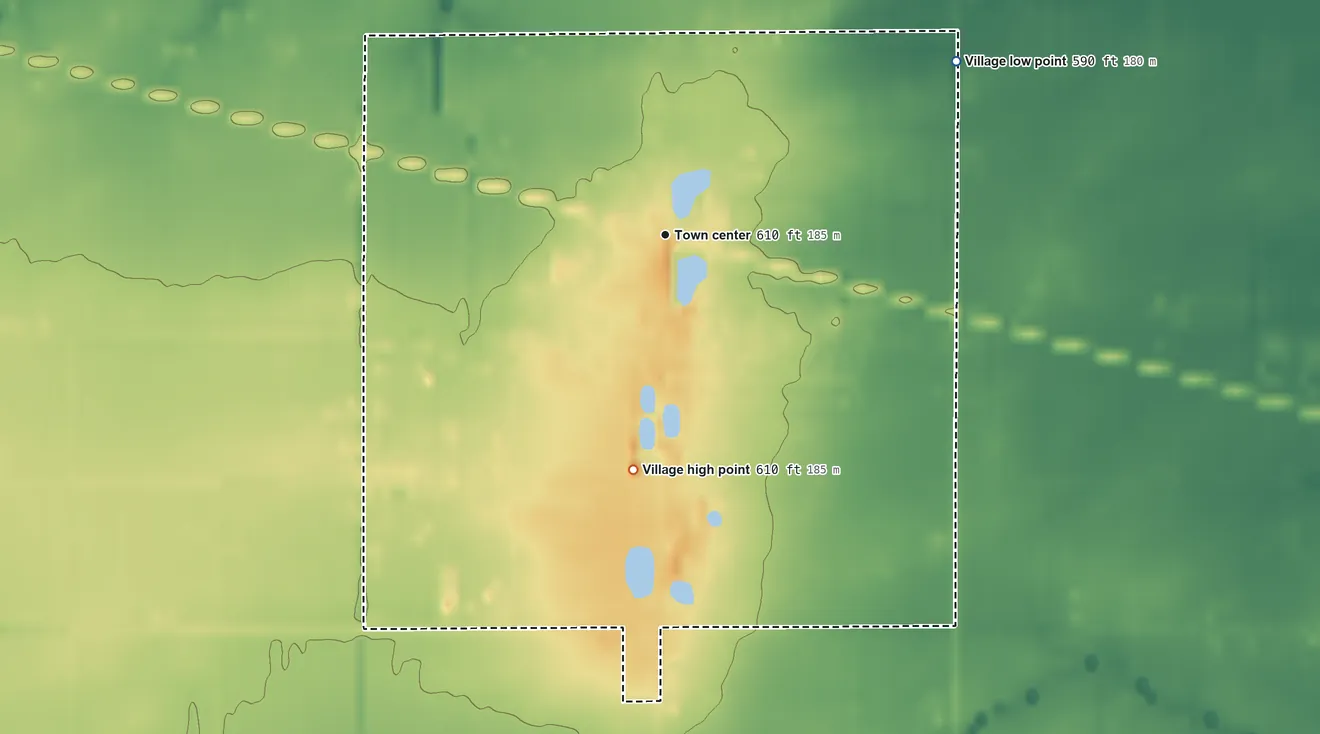 Topographic elevation map of Rocky Ridge, Ohio, shaded from 590 ft on the northeast side to 610 ft on the south side