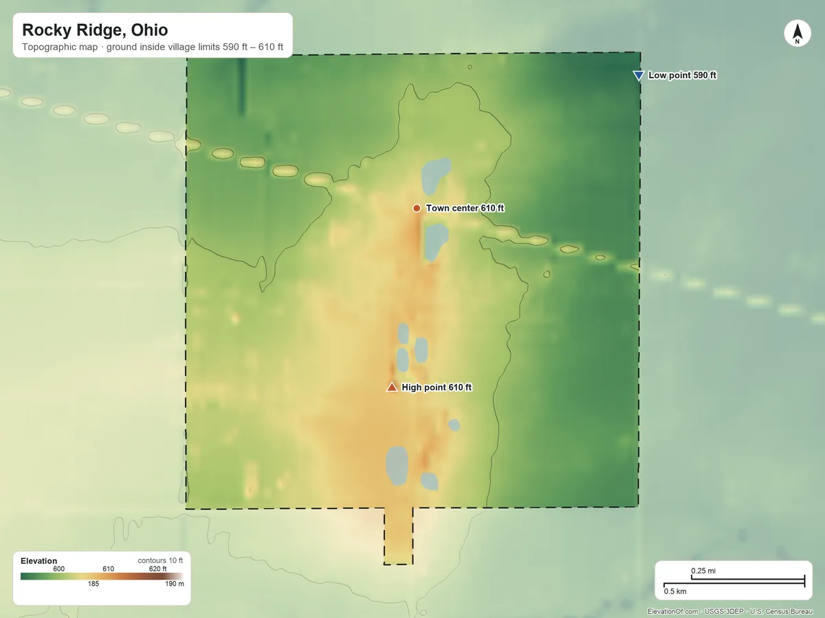 Topographic elevation map of Rocky Ridge, Ohio, shaded from 590 ft on the northeast side to 610 ft on the south side
