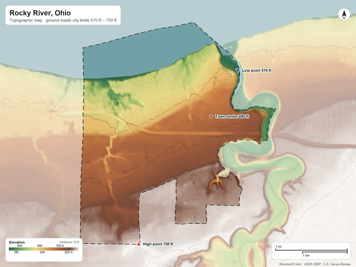 Topographic elevation map of Rocky River, Ohio, shaded from 570 ft on the northeast side to 750 ft on the southwest side