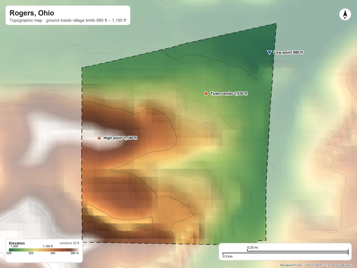 Topographic elevation map of Rogers, Ohio, shaded from 980 ft on the northeast side to 1,190 ft on the southwest side