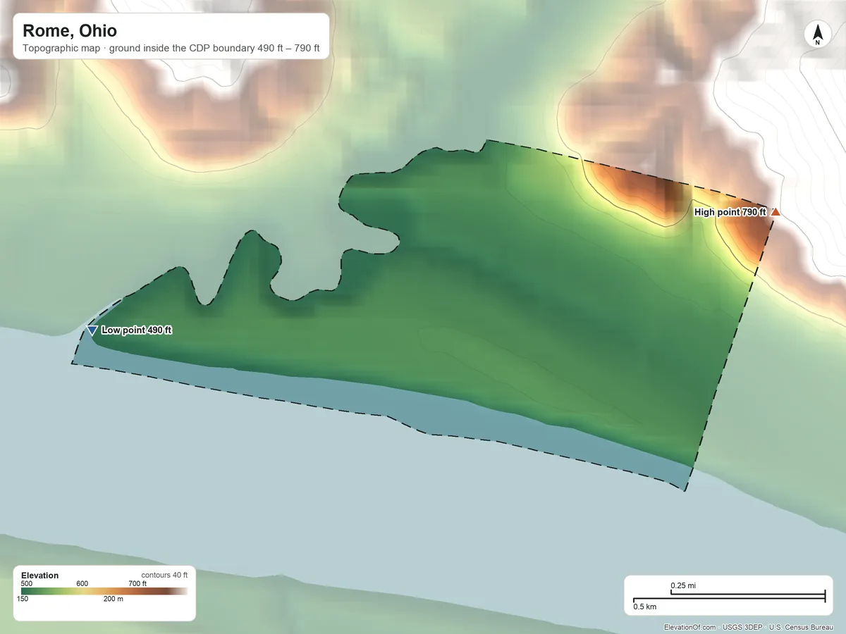 Topographic elevation map of Rome, Ohio, shaded from 490 ft on the west side to 790 ft on the northeast edge, below higher ground just outside