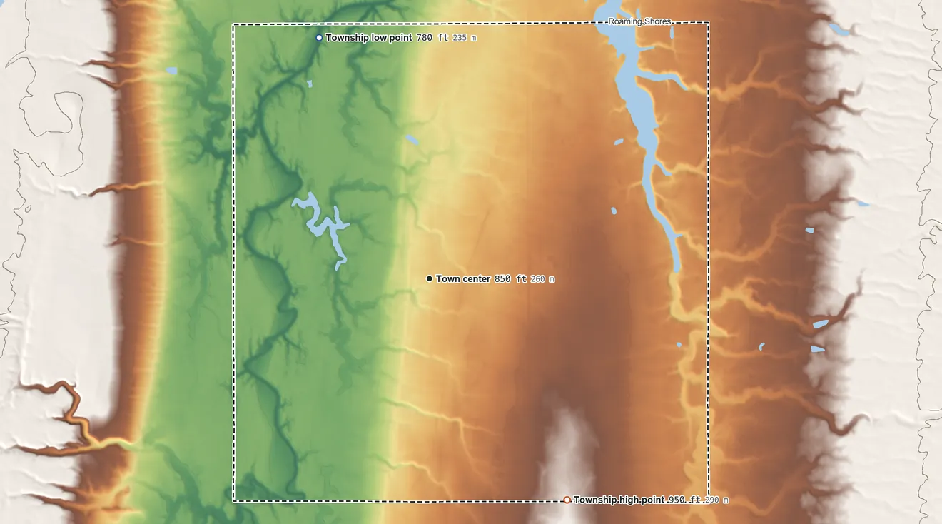 Topographic elevation map of Rome Township, Ashtabula County, Ohio, shaded from 780 ft on the northwest side to 950 ft on the southeast side