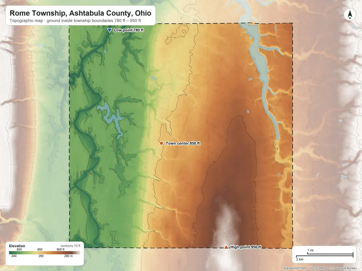 Topographic elevation map of Rome Township, Ashtabula County, Ohio, shaded from 780 ft on the northwest side to 950 ft on the southeast side