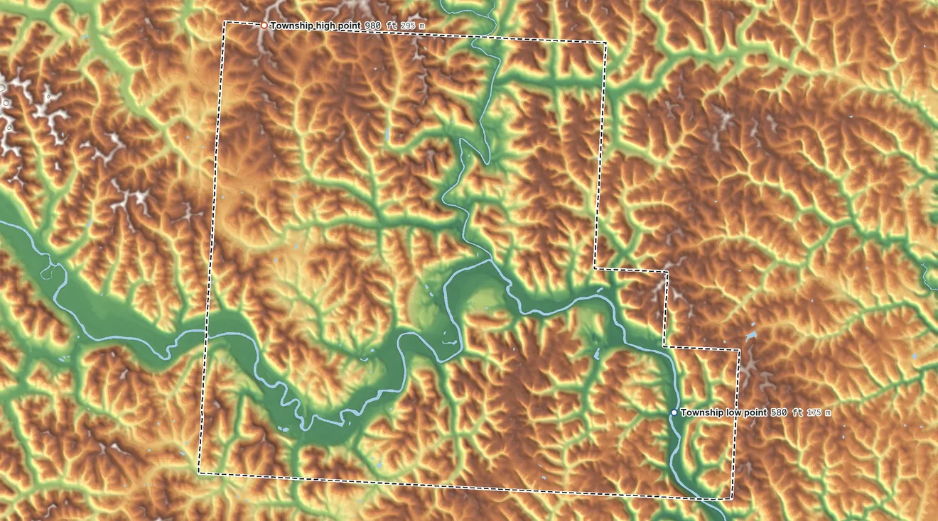 Topographic elevation map of Rome Township, Athens County, Ohio, shaded from 580 ft on the east side to 980 ft on the northwest side