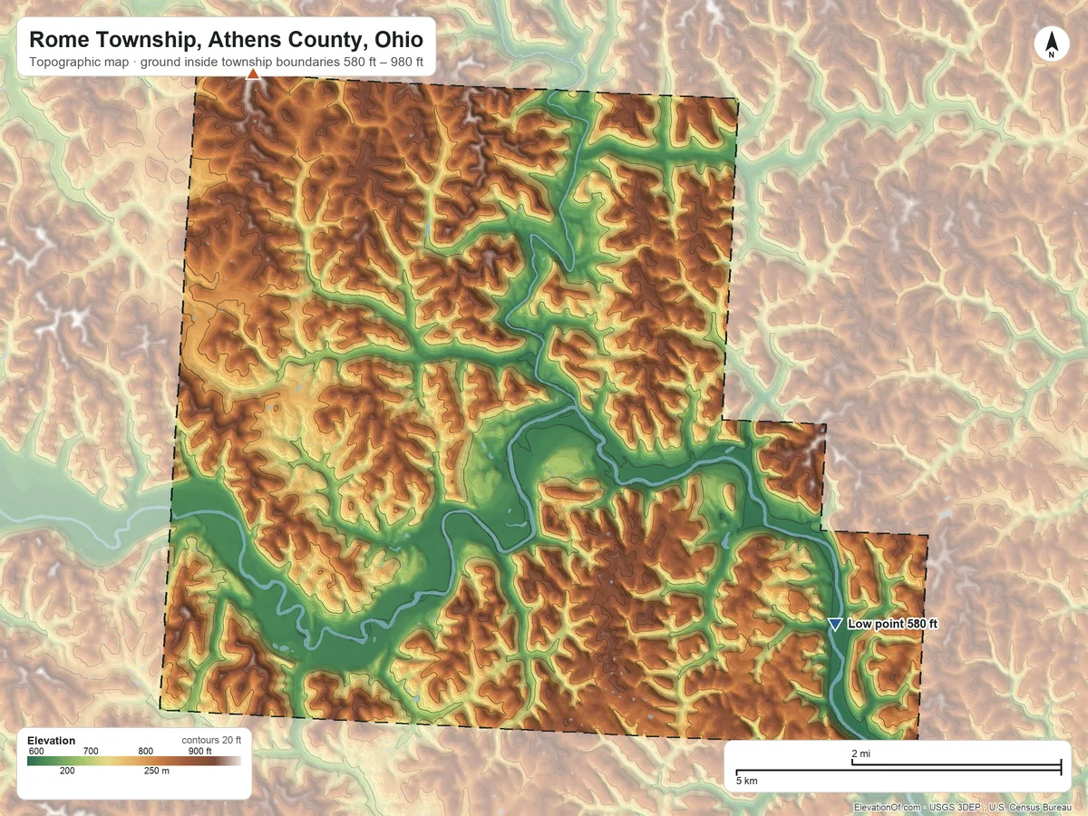 Topographic elevation map of Rome Township, Athens County, Ohio, shaded from 580 ft on the east side to 980 ft on the northwest side