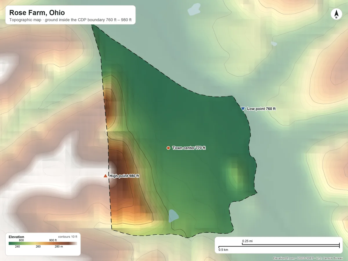 Topographic elevation map of Rose Farm, Ohio, shaded from 760 ft on the northeast side to 980 ft on the southwest side