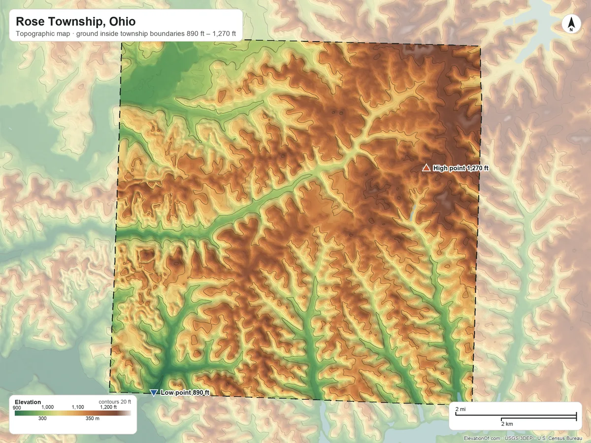 Topographic elevation map of Rose Township, Ohio, shaded from 890 ft on the southwest side to 1,270 ft on the east side
