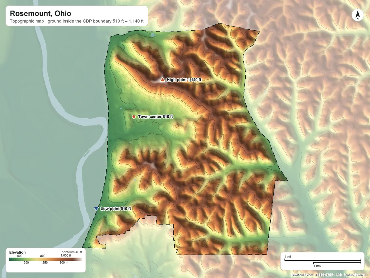 Topographic elevation map of Rosemount, Ohio, shaded from 510 ft on the south side to 1,140 ft on the northeast side