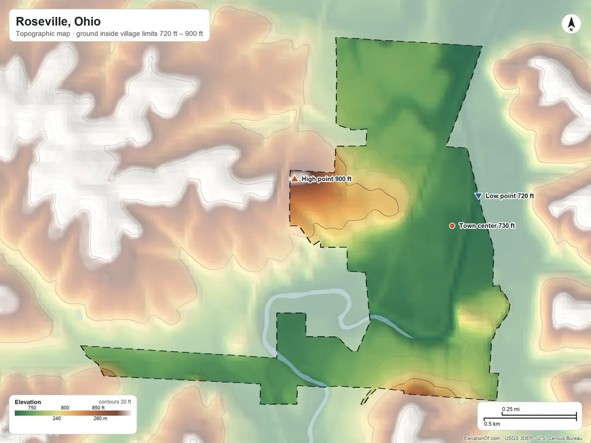 Topographic elevation map of Roseville, Ohio, shaded from 720 ft near the middle to 900 ft on the west side