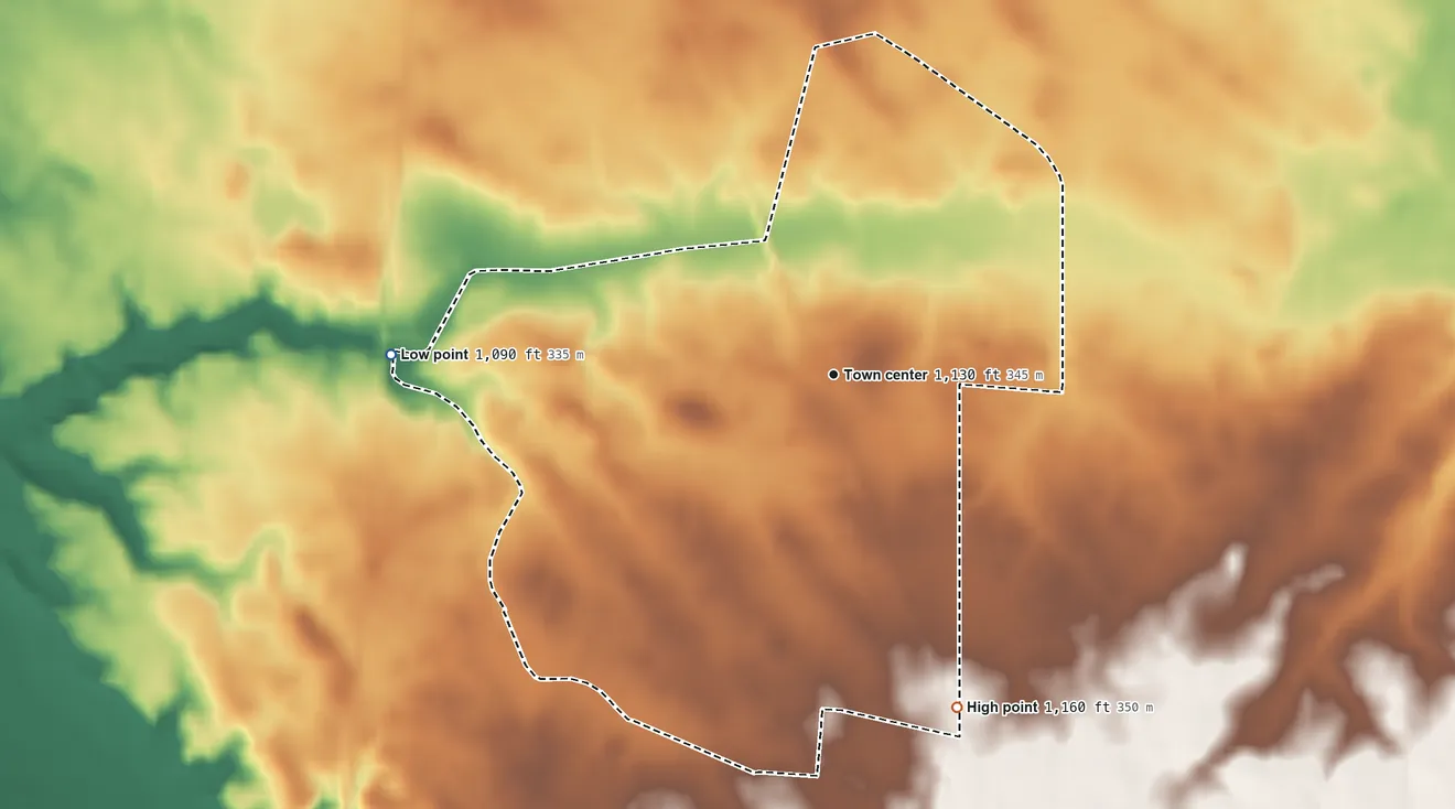 Topographic elevation map of Rosewood, Ohio, shaded from 1,090 ft on the west side to 1,160 ft on the south side