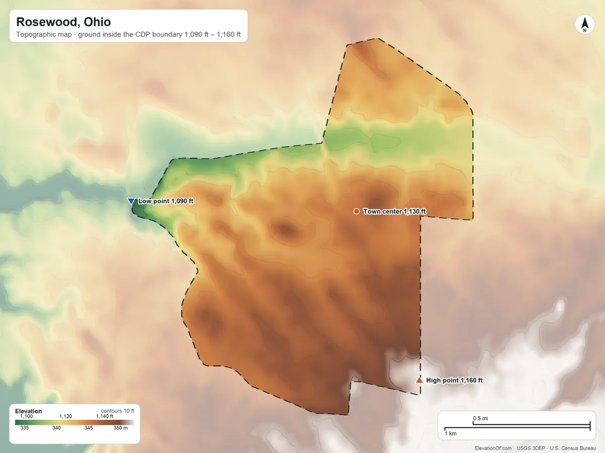 Topographic elevation map of Rosewood, Ohio, shaded from 1,090 ft on the west side to 1,160 ft on the south side