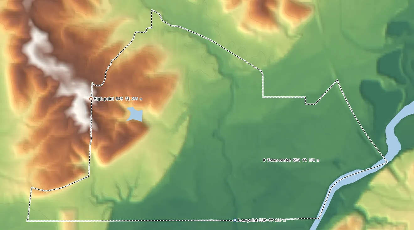 Topographic elevation map of Ross, Ohio, shaded from 530 ft on the southwest side to 840 ft on the west side