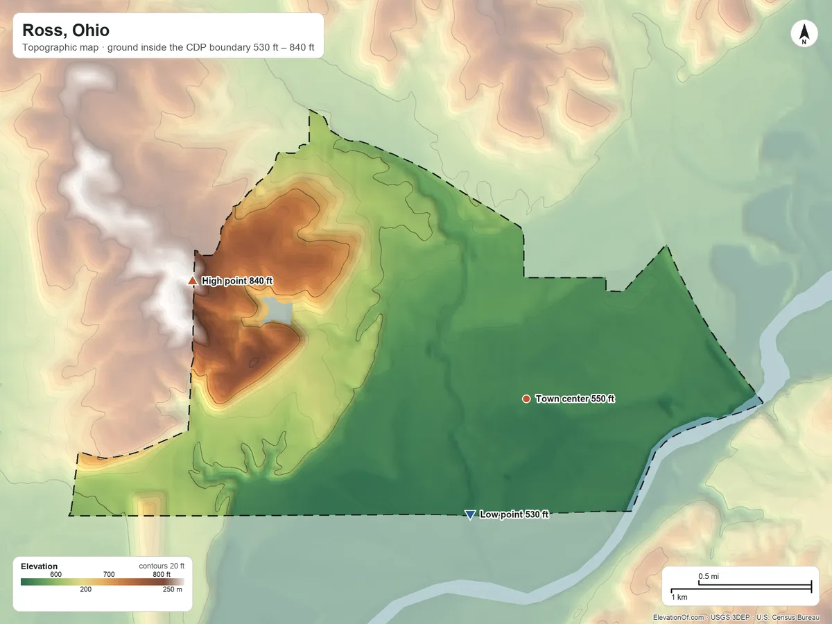 Topographic elevation map of Ross, Ohio, shaded from 530 ft on the southwest side to 840 ft on the west side