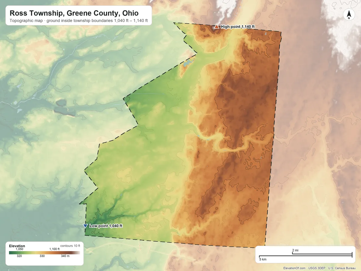 Topographic elevation map of Ross Township, Greene County, Ohio, shaded from 1,040 ft on the southwest side to 1,140 ft on the north side